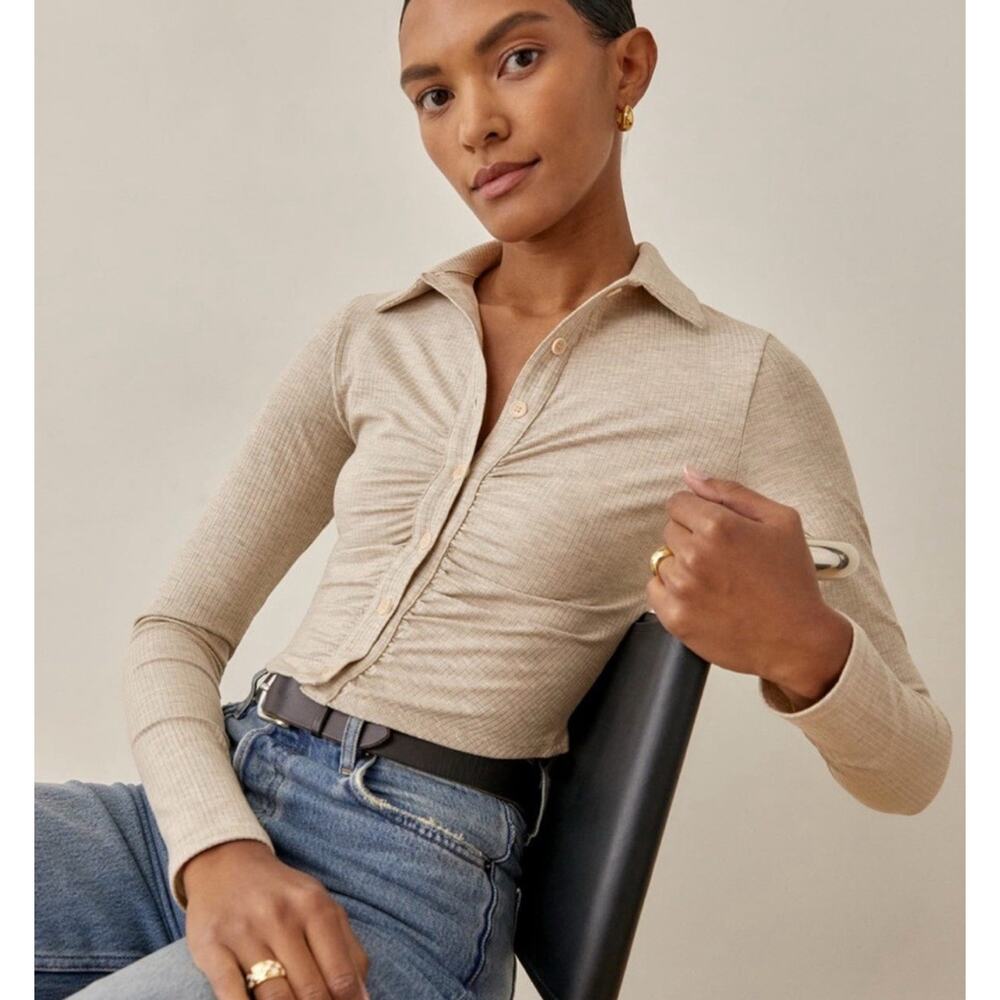Reformation Elin Knit Top Cropped Ribbed Button